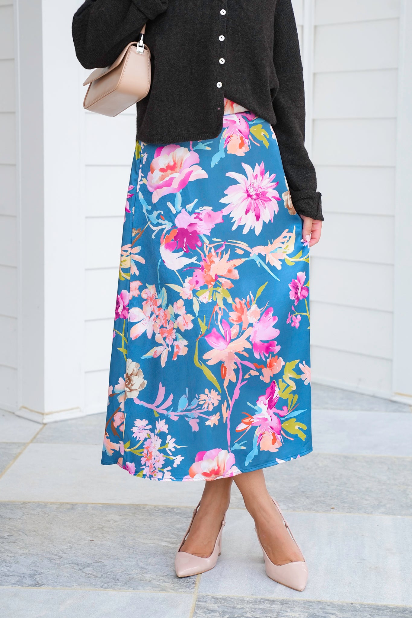 Plus/Reg Floral Satin Elastic Waist Midi Skirt