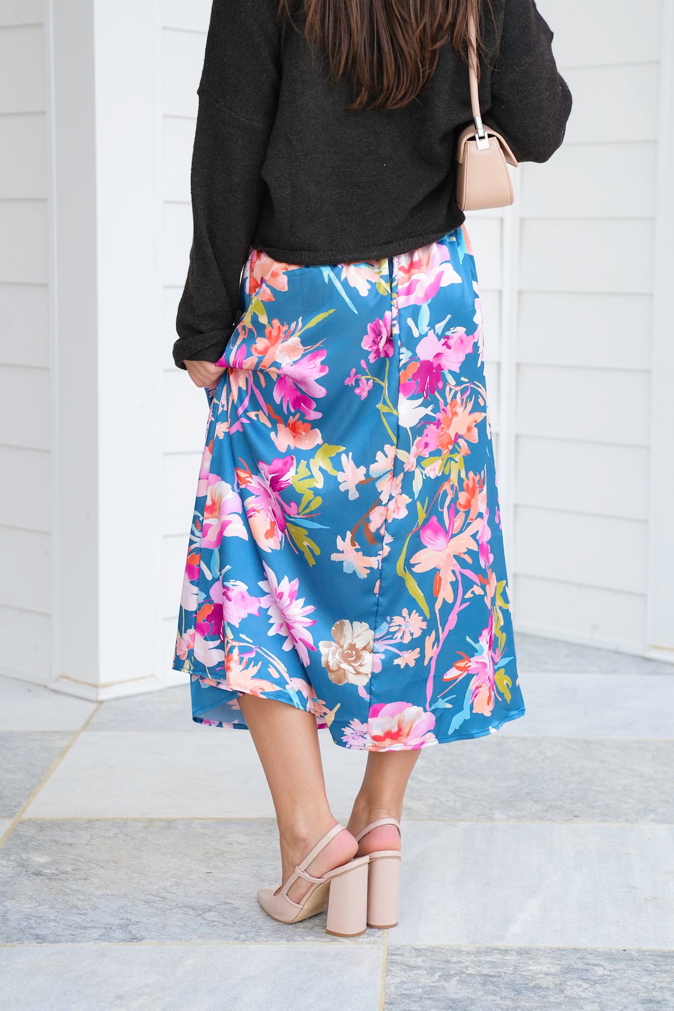 Plus/Reg Floral Satin Elastic Waist Midi Skirt