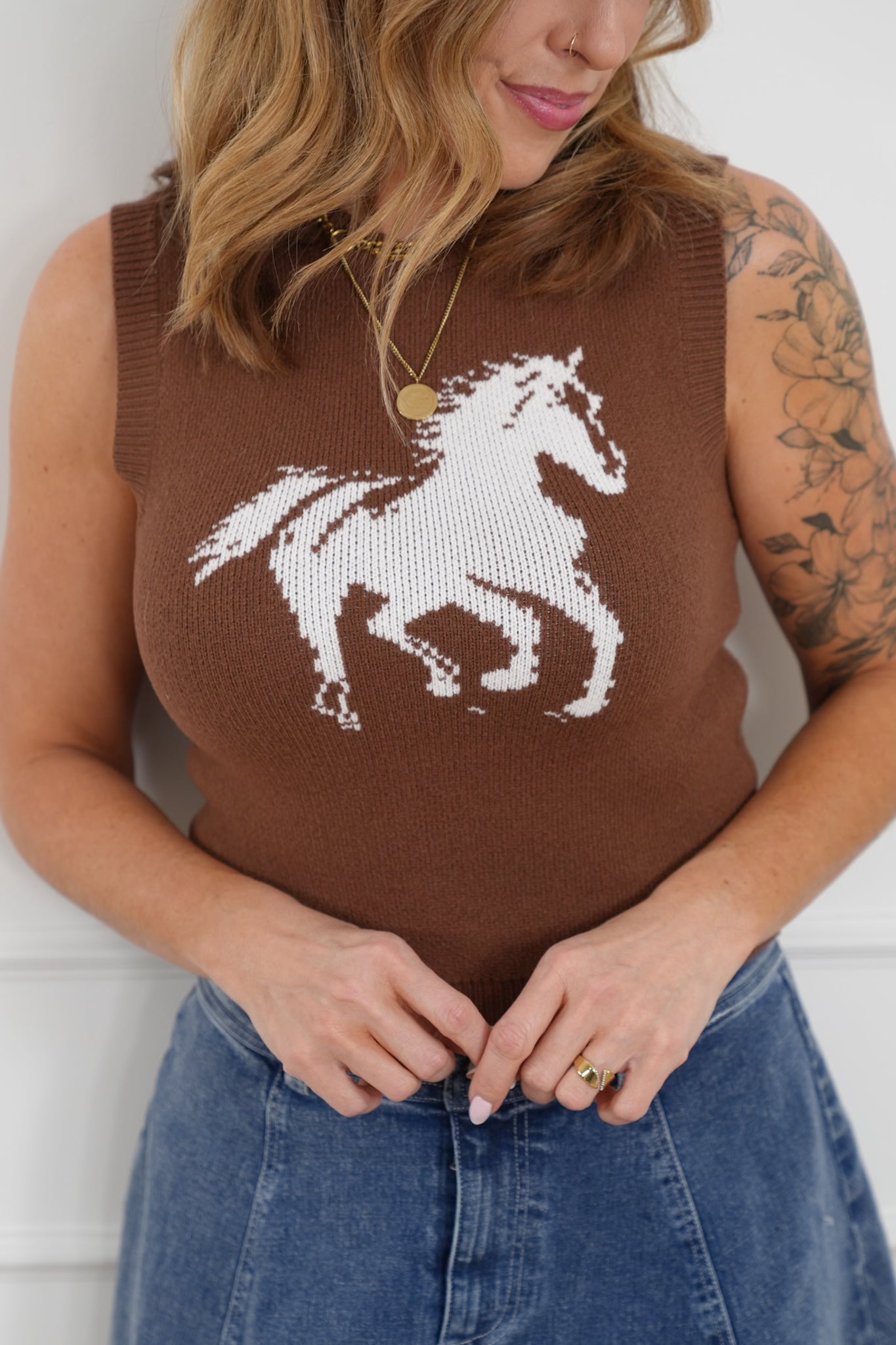 Knit Sleeveless Round Neck "Horse" Sweater Vest