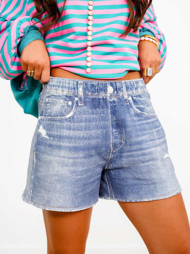 Denim Print Elastic Waist Knit Shorts - Freckled Poppy