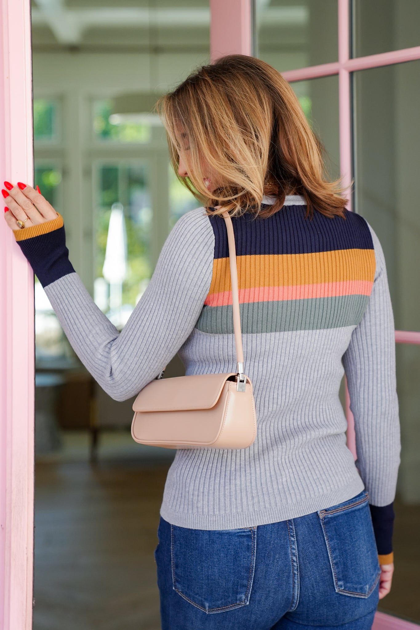 Ribbed Color Block Long Sleeve Button Up Sweater