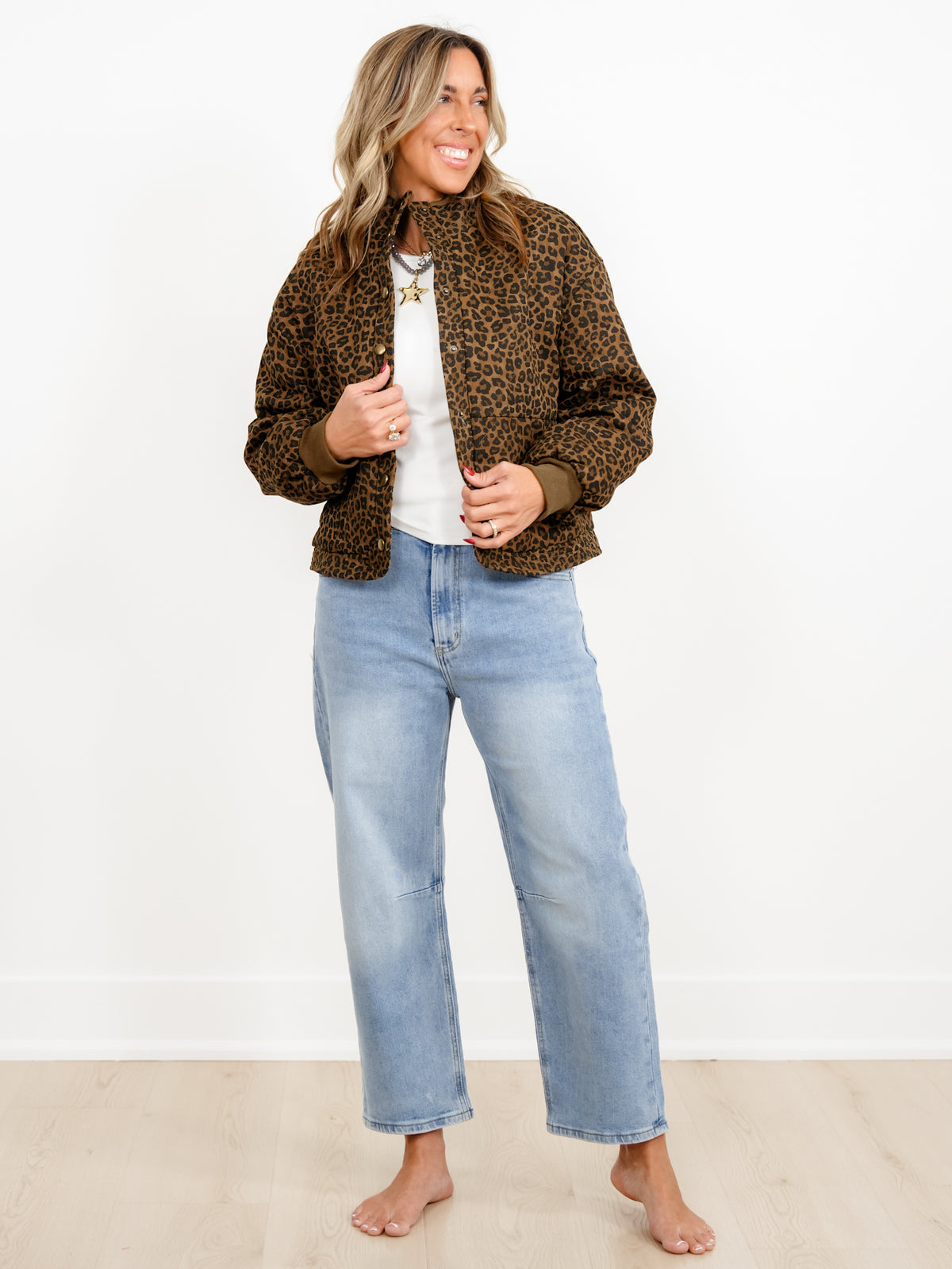 Plus/Reg Leopard Print Quilted Button Down Collared Jacket
