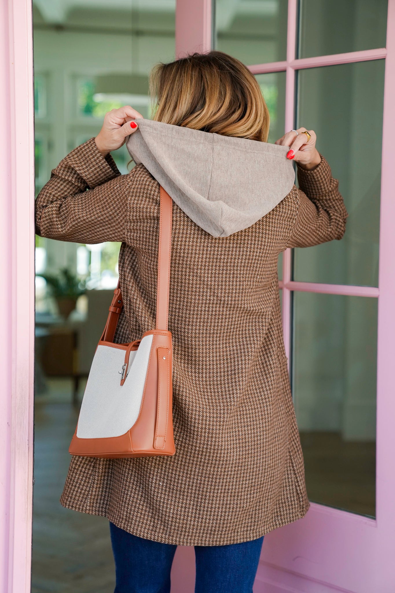 Houndstooth Long Sleeve Coat with Removable Hoodie