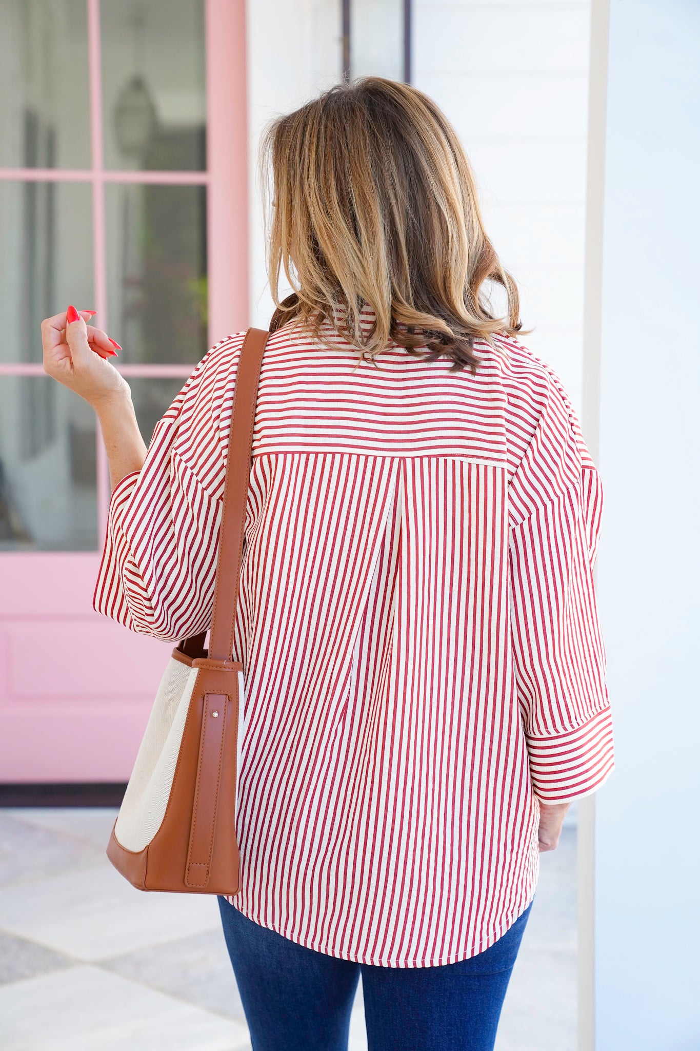 Stripe 3/4 Sleeve Button Down Woven Top