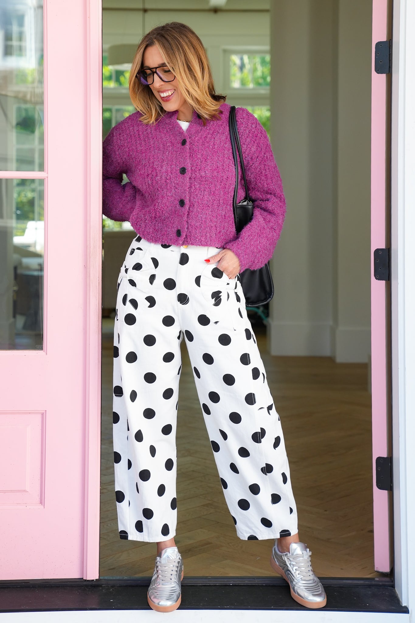 Plus/Reg Polka Dot Denim Barrel Jeans