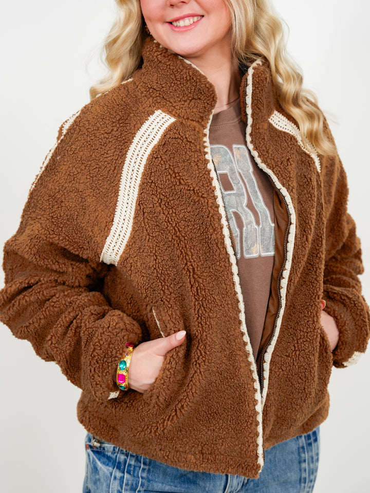 Plus/Reg Sherpa Long Sleeve Zip Up Jacket with Crochet Trim - Freckled Poppy
