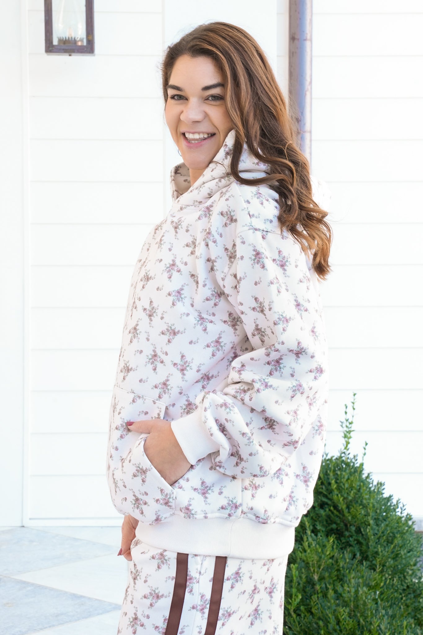 Floral Print Long Sleeve Fleece Hoodie