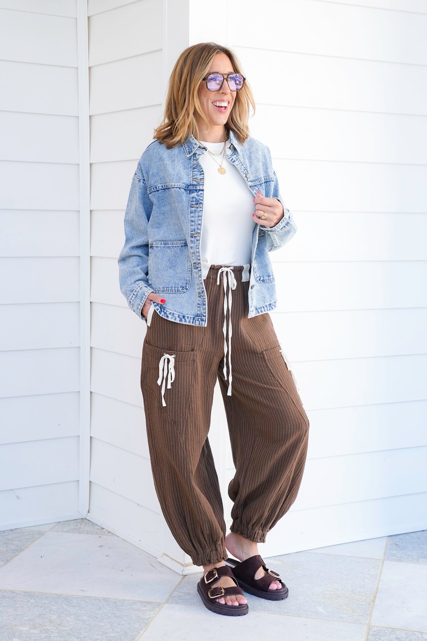 Linen Blend Stripe Elastic Waist Joggers