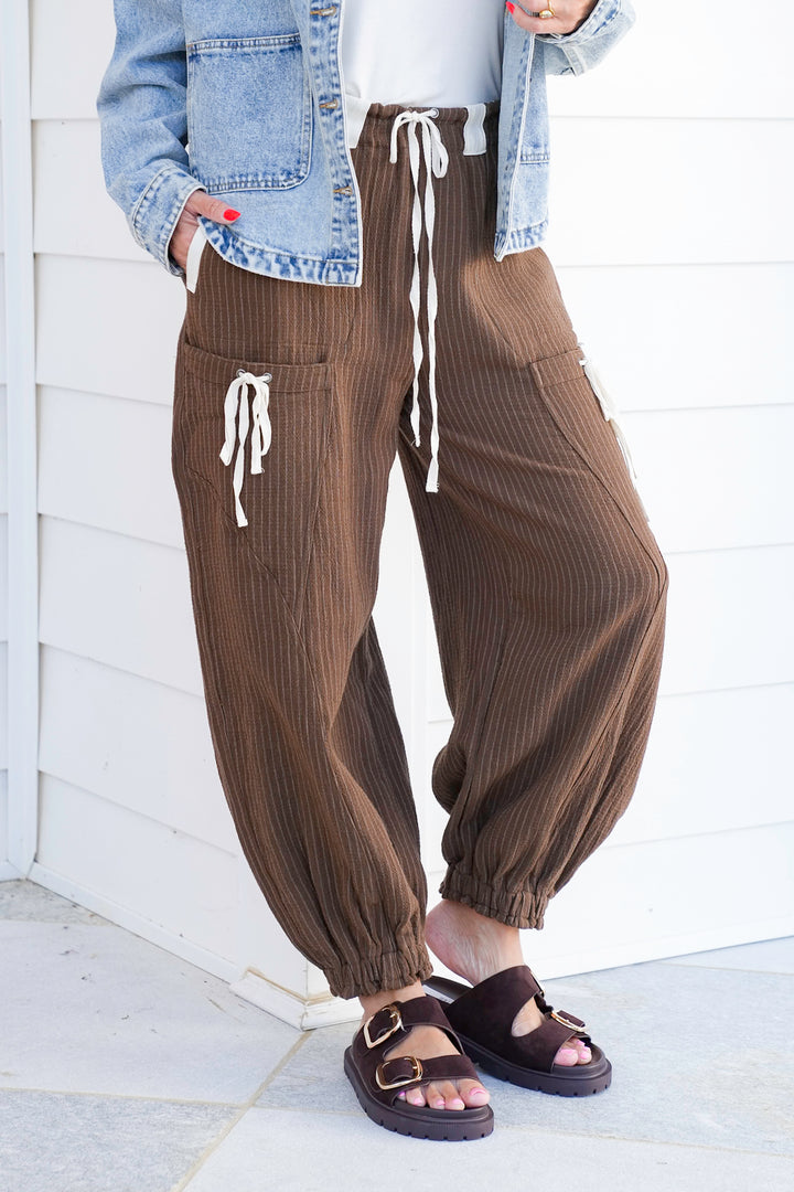 Linen Blend Stripe Elastic Waist Joggers