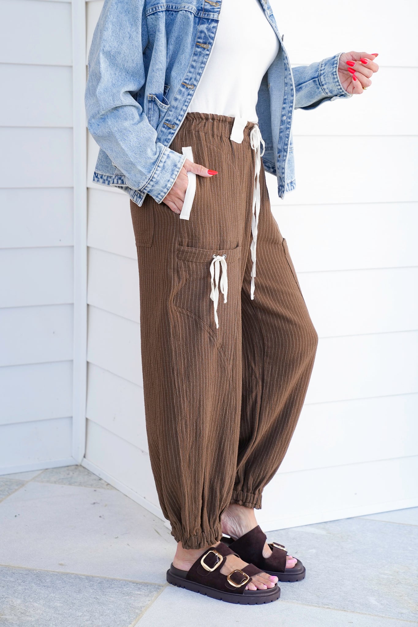Linen Blend Stripe Elastic Waist Joggers