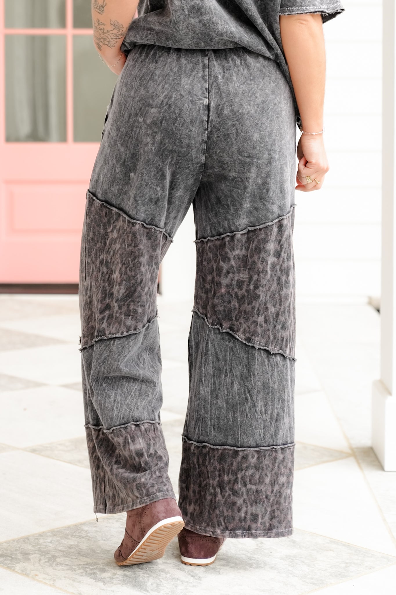 Mineral Wash Elastic Waist Tiered Pants with Leopard