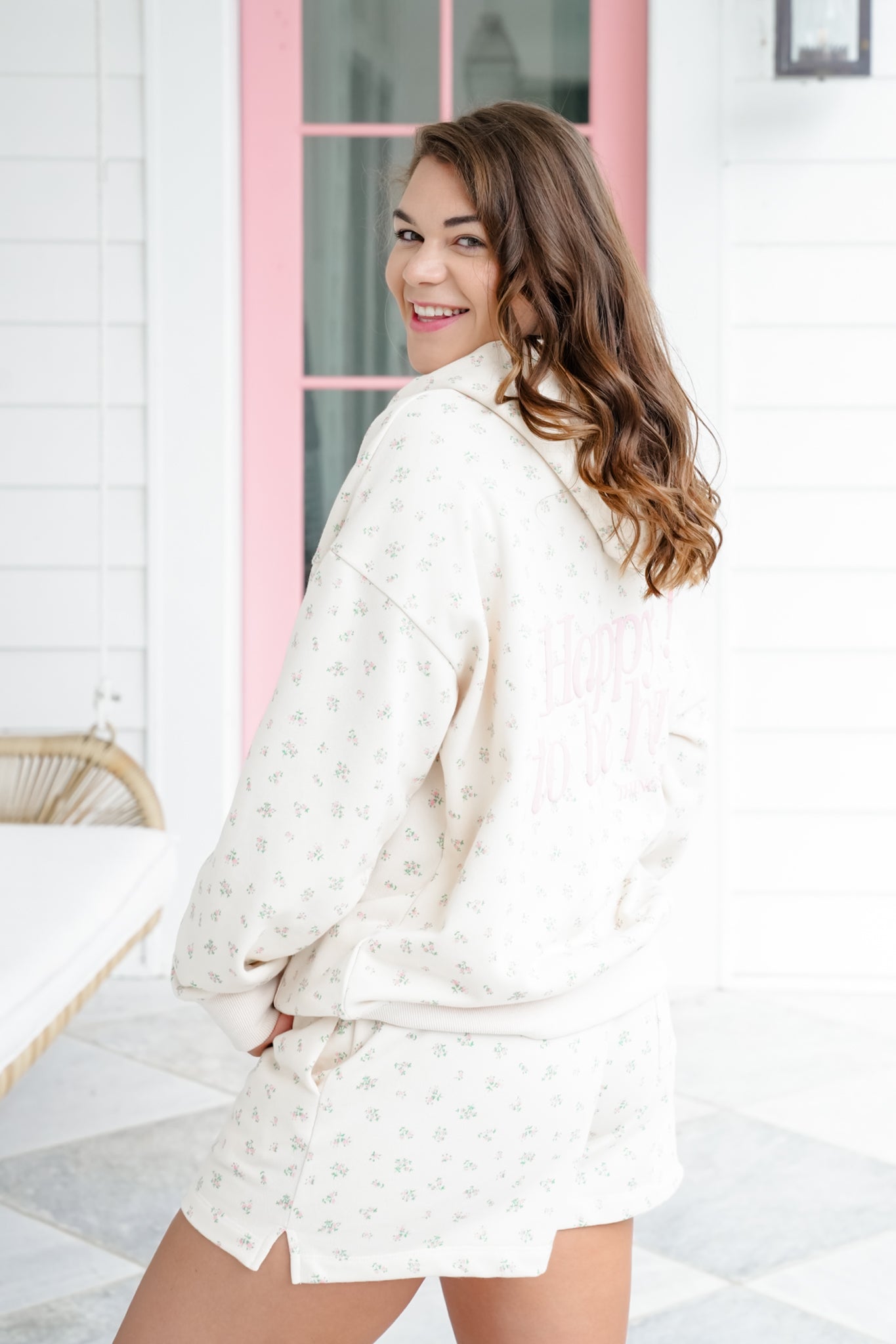 Floral Print "Happy To Be Here" Hoodie and Shorts Set