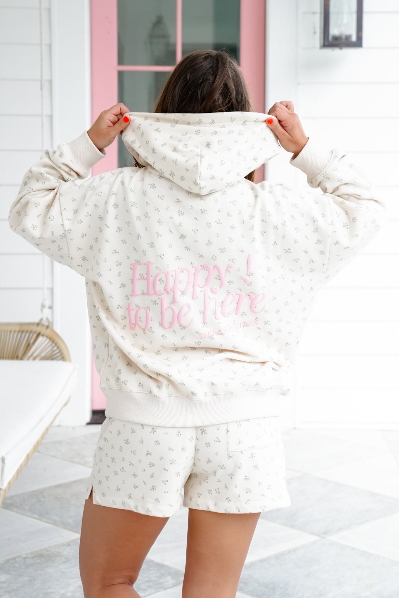 Floral Print "Happy To Be Here" Hoodie and Shorts Set