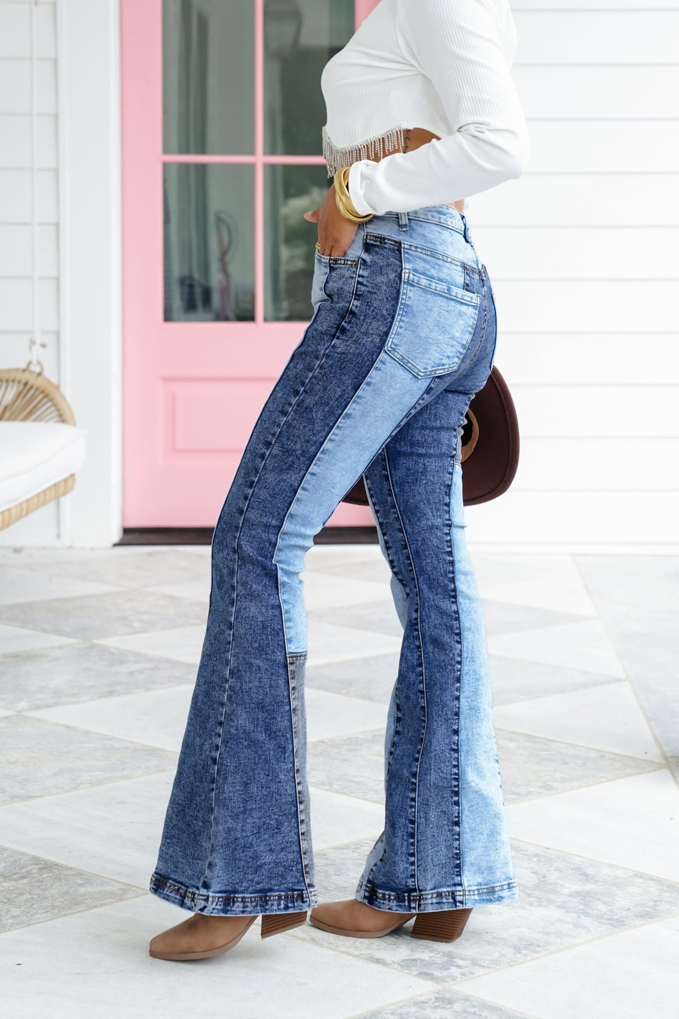 Washed Denim Color Block Flare Jeans