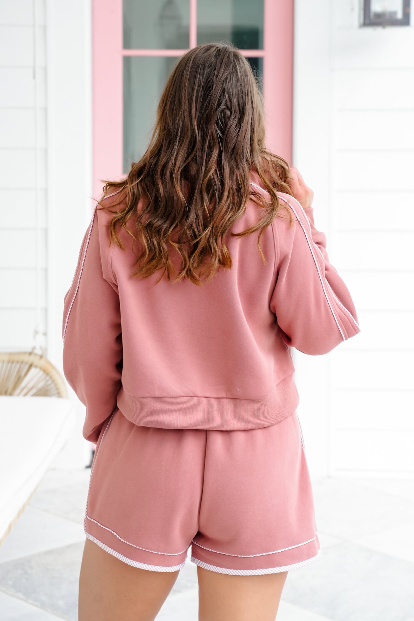 Long Sleeve Fleece Sweatshirt with Gingham Trim Detail