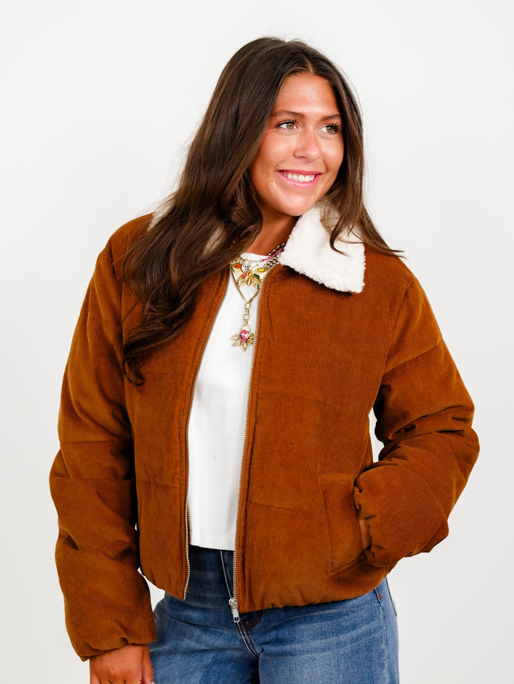Corduroy Long Sleeve Jacket With Sherpa Collar - Freckled Poppy