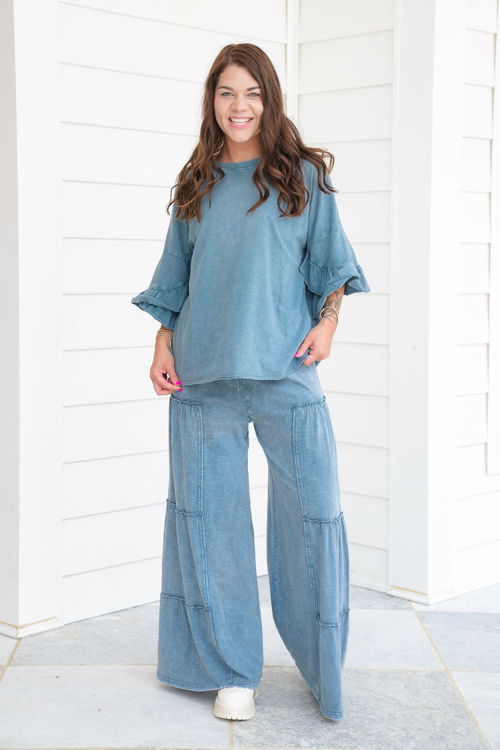 Teal Mineral Wash Ruffle Sleeve Top