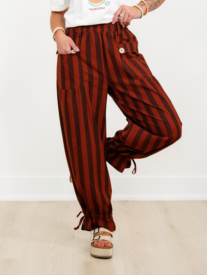 Plus/Reg Striped Elastic Waist Wide Leg Pants With Tiered Panels - Freckled Poppy