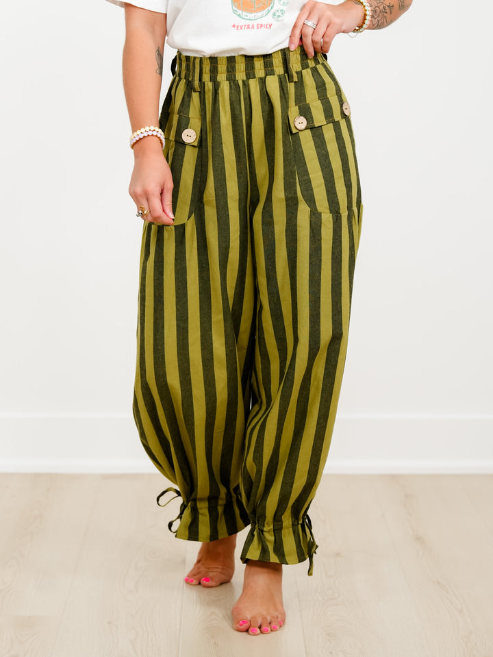 Plus/Reg Striped Elastic Waist Wide Leg Pants With Tiered Panels - Freckled Poppy