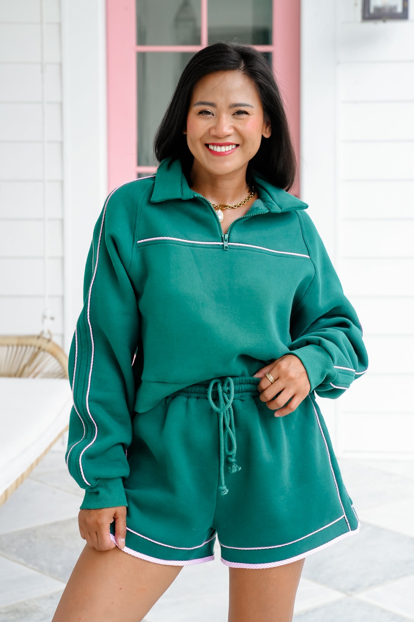 Long Sleeve Fleece Sweatshirt with Gingham Trim Detail