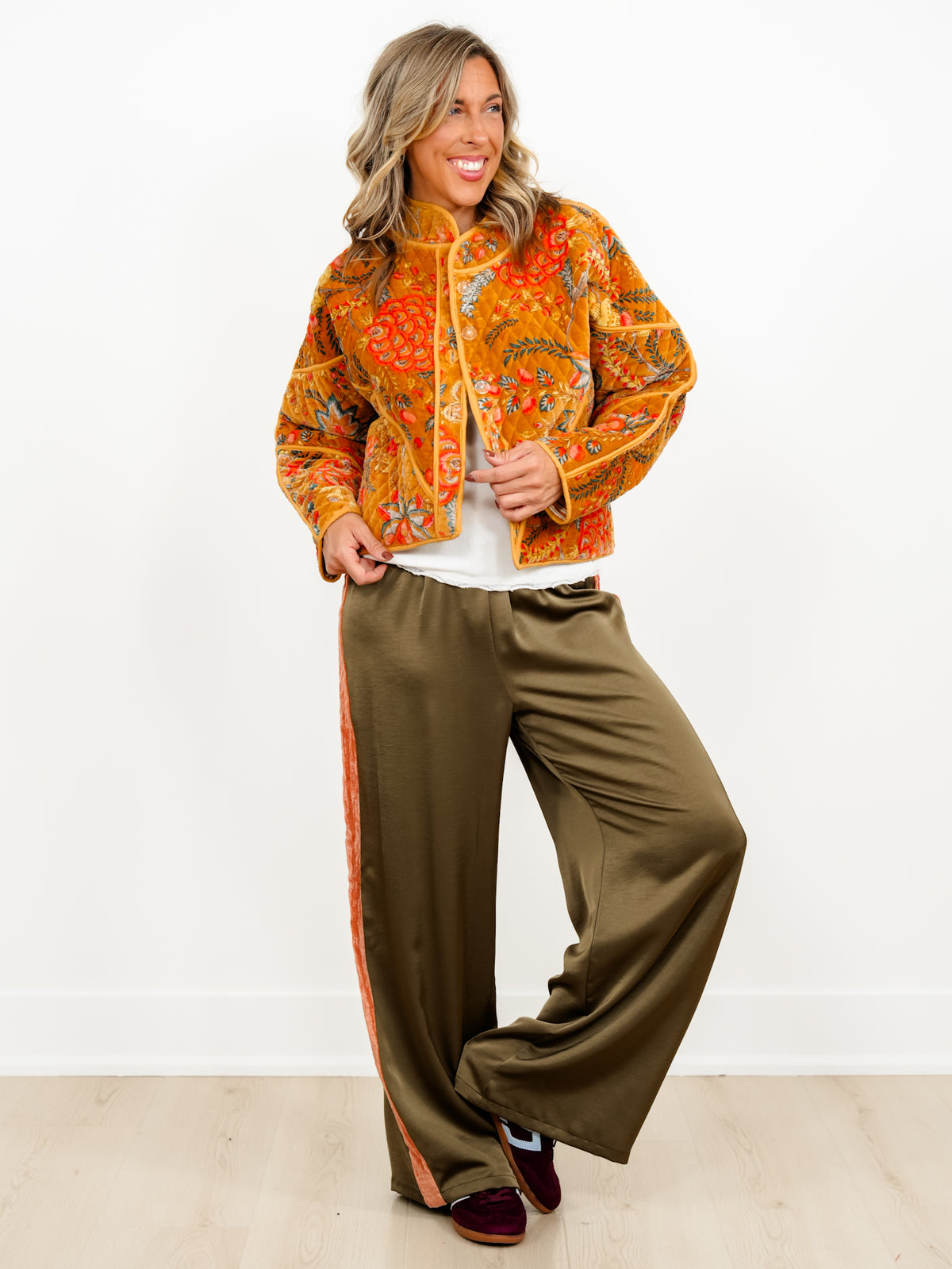 POL Floral Quilted Velvet Button Down Jacket