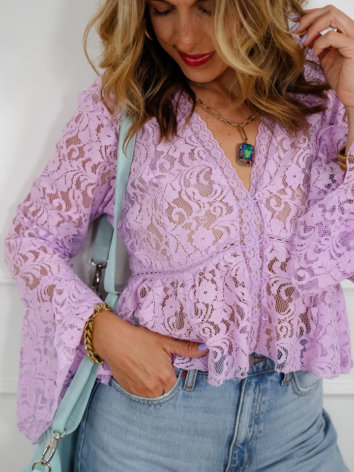Floral Lace Long Sleeve V Neck Blouse - Freckled Poppy