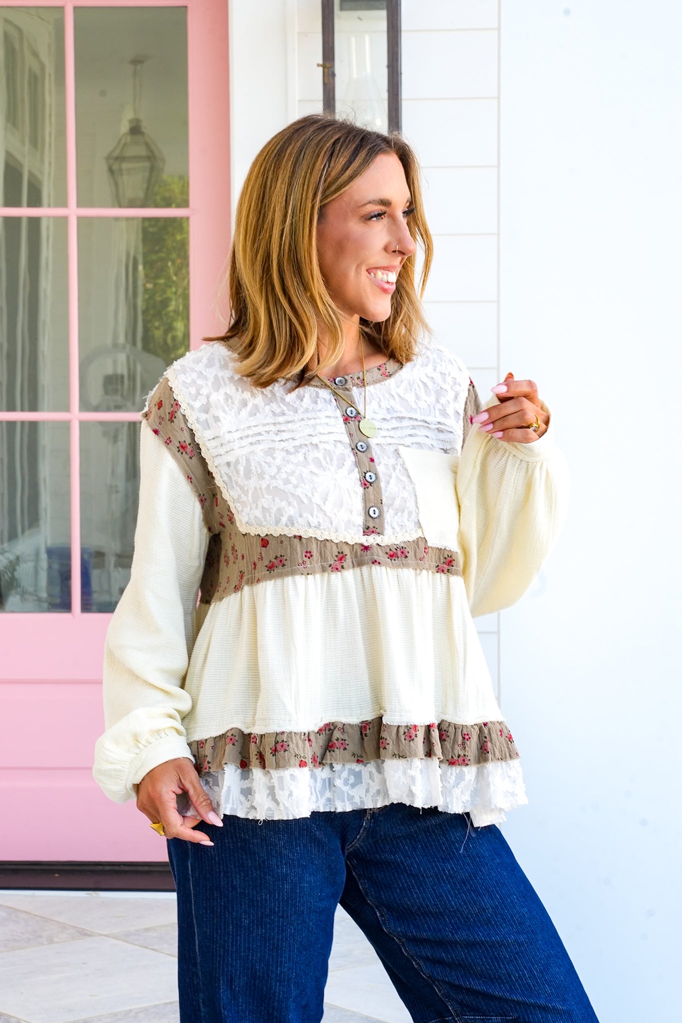 POL Textured Long Sleeve Round Neck Top