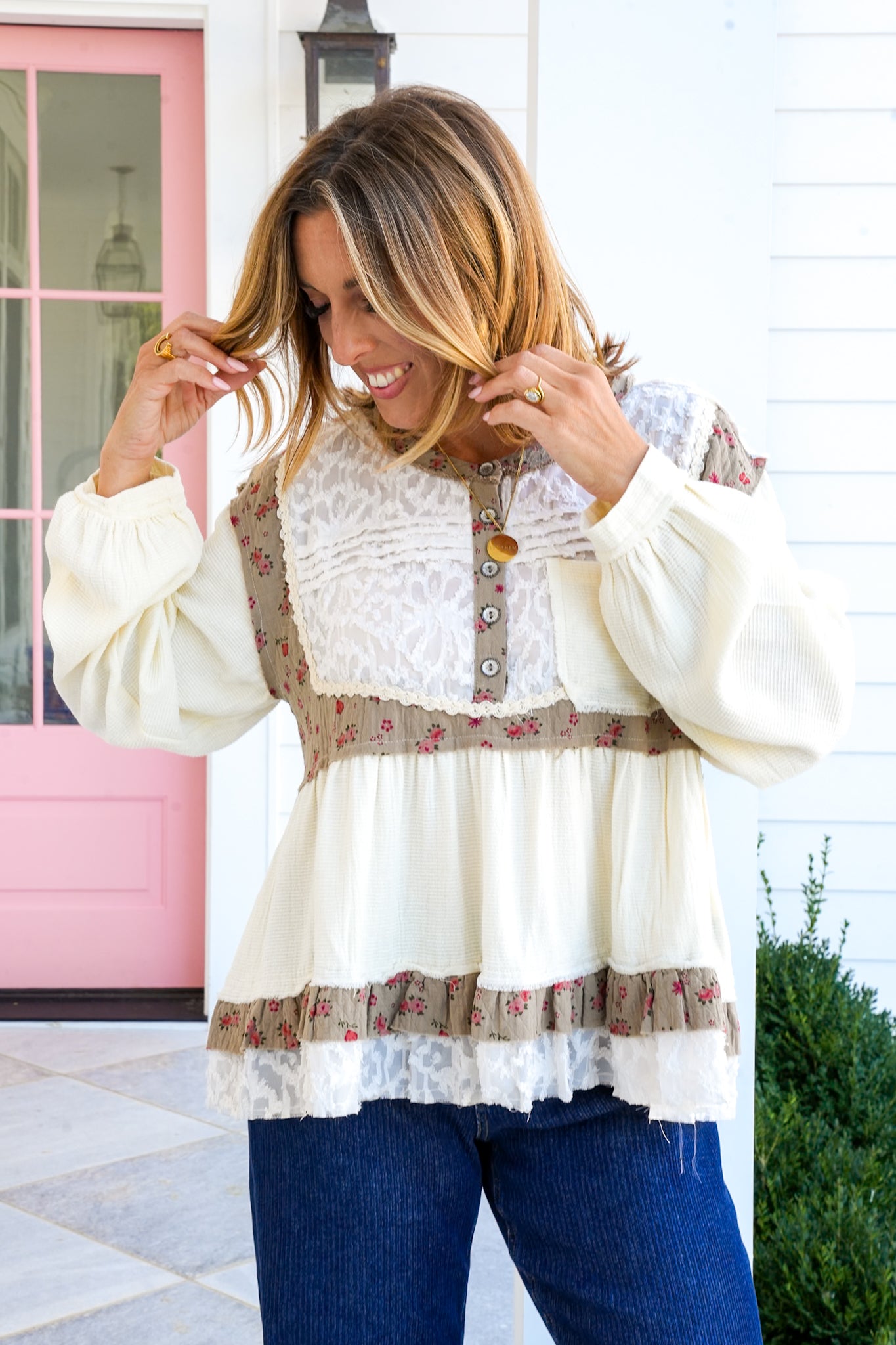 POL Textured Long Sleeve Round Neck Top