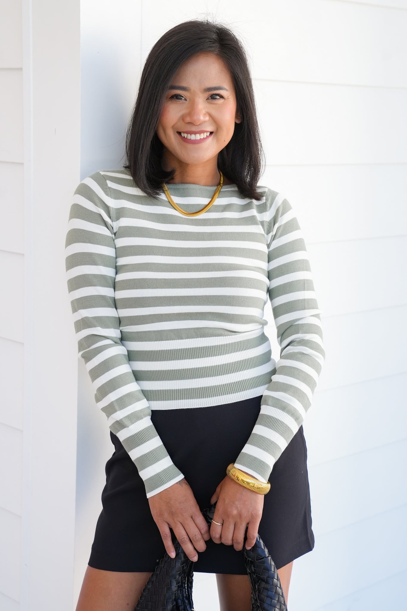 Stripe Long Sleeve Boat Neck Sweater Top