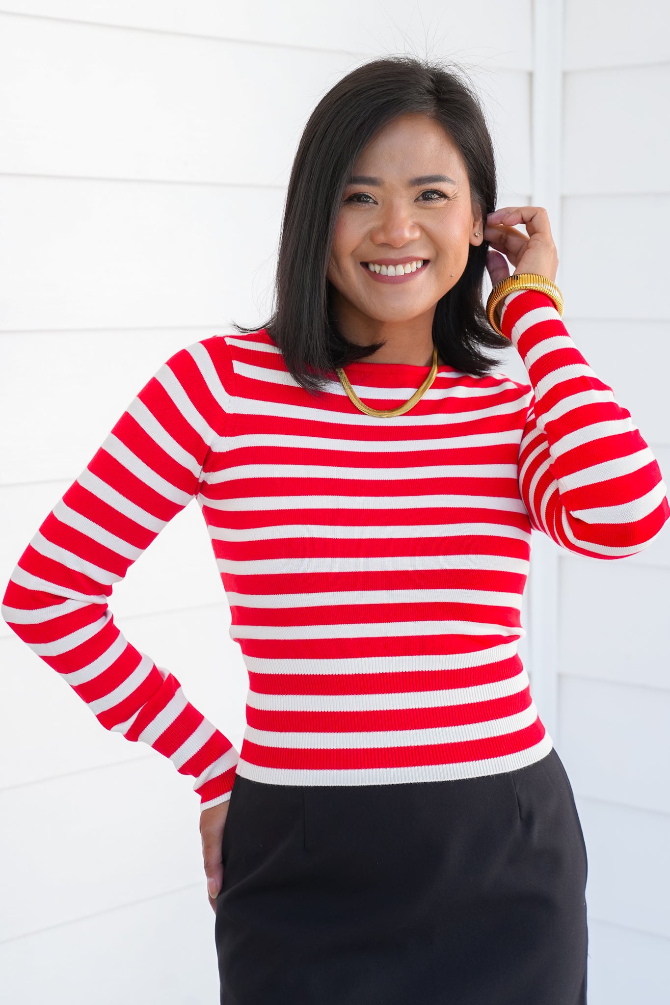Stripe Long Sleeve Boat Neck Sweater Top