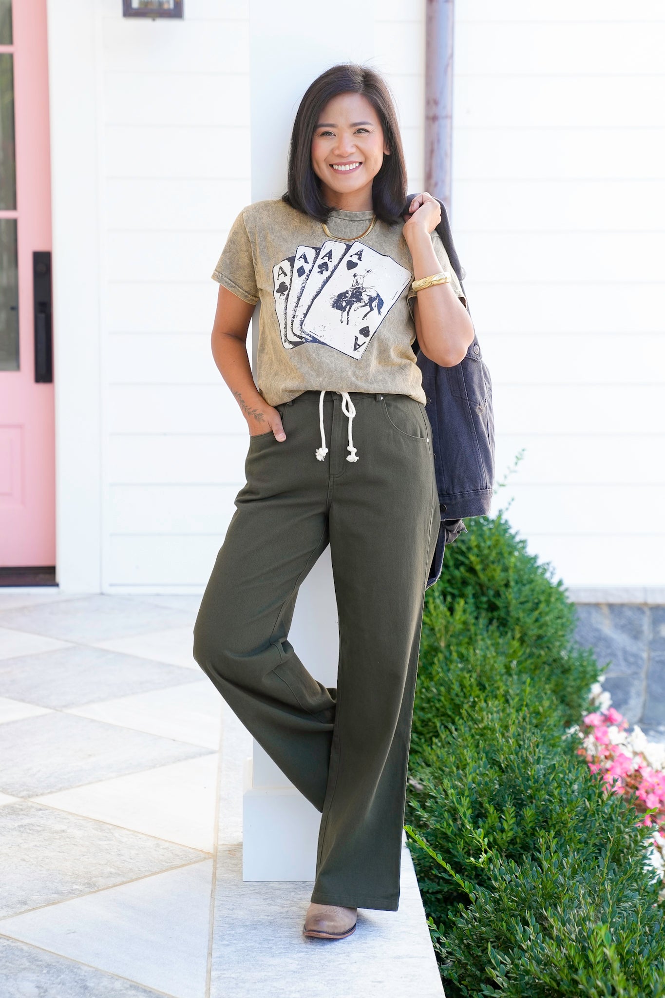 Olive Straight Leg Pants with Drawstring