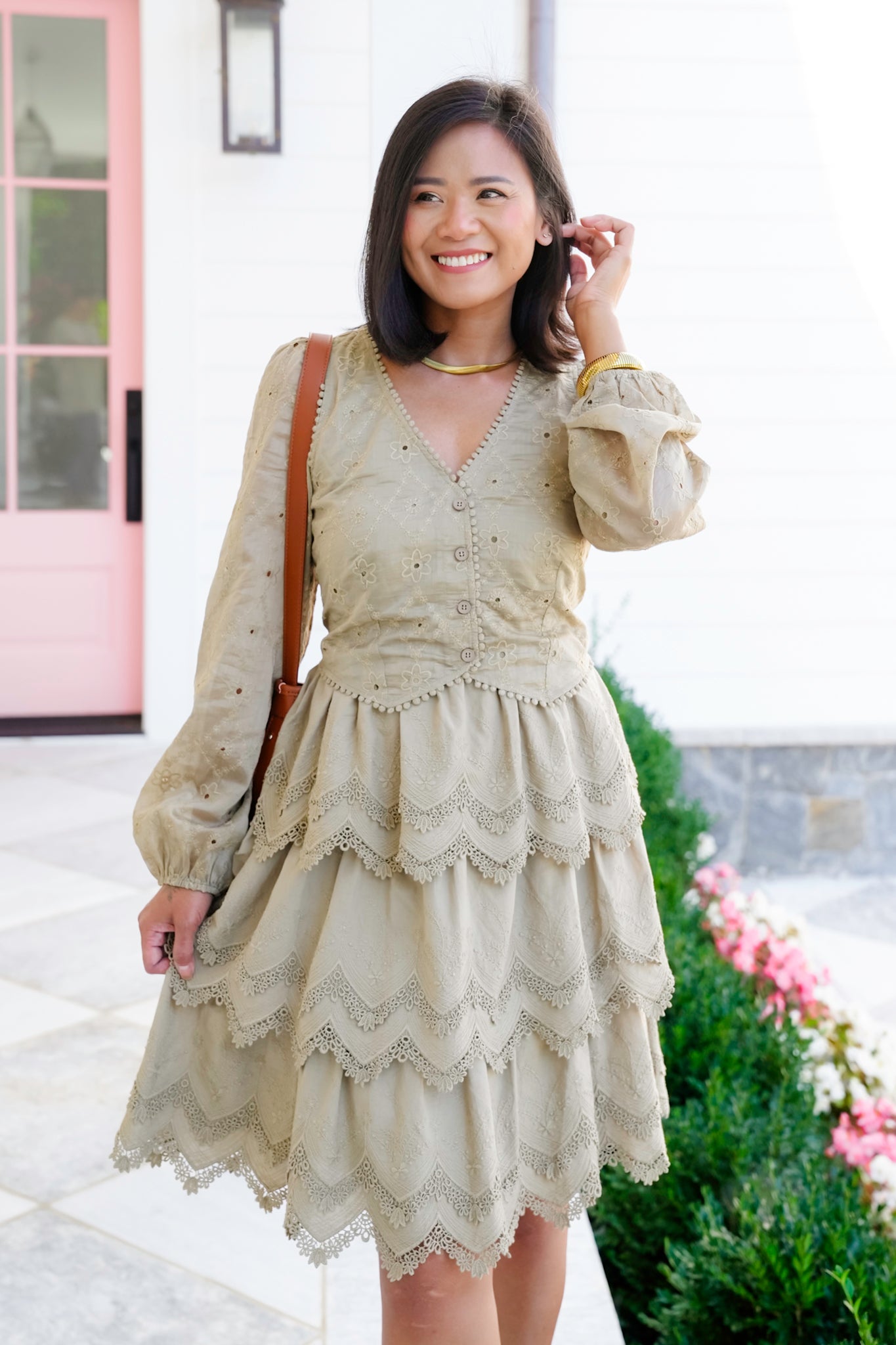 Embroidered Lace Long Sleeve Tiered Dress