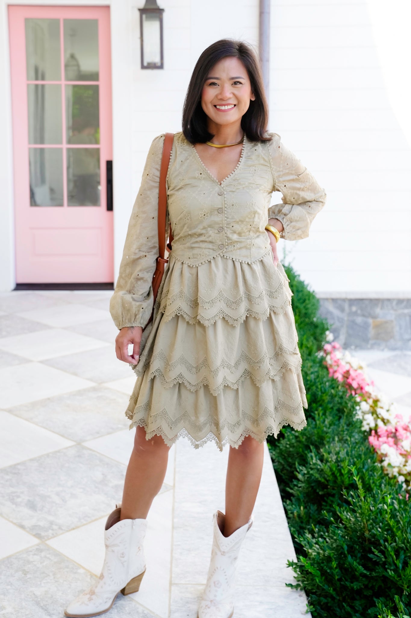 Embroidered Lace Long Sleeve Tiered Dress