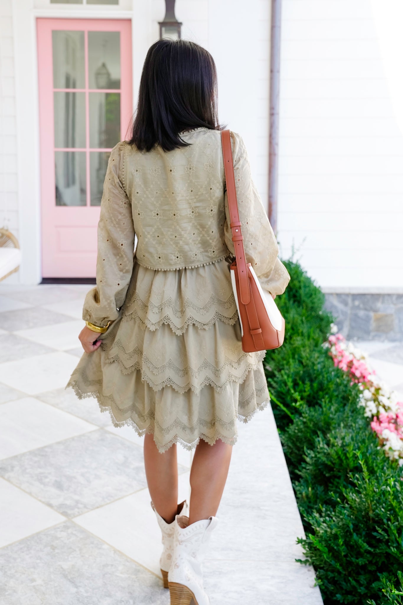 Embroidered Lace Long Sleeve Tiered Dress