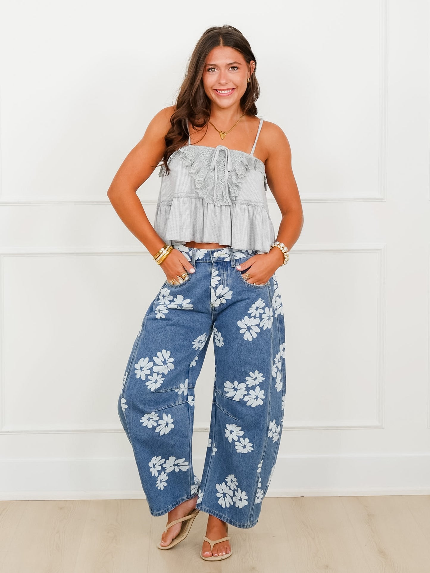 POL Grey Spaghetti Strap Top With Lace Trim