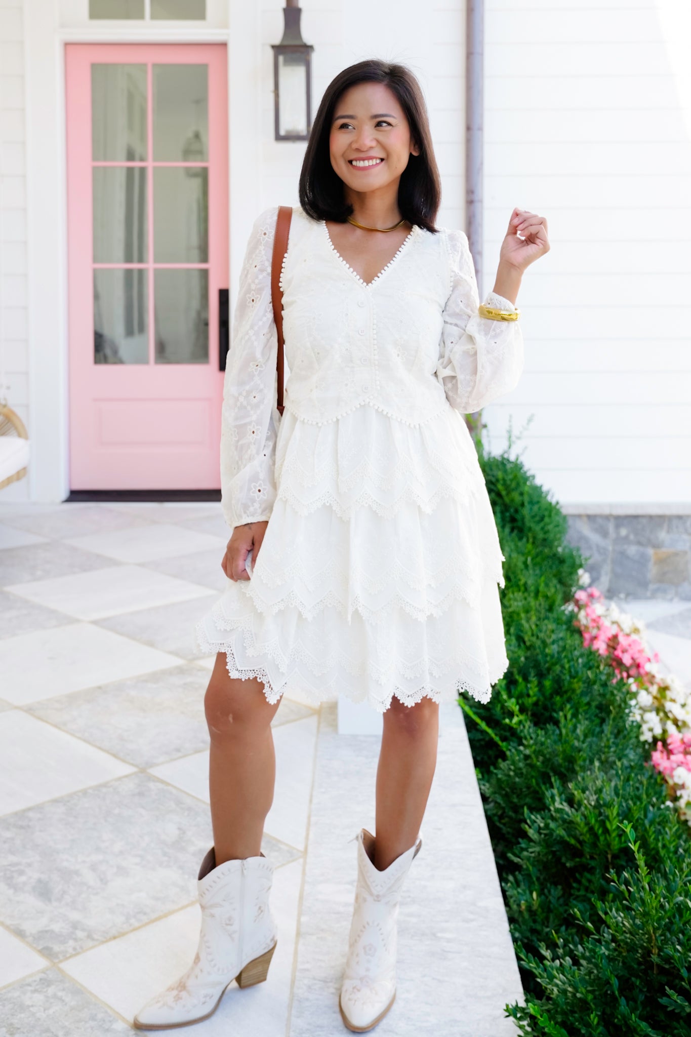 Embroidered Lace Long Sleeve Tiered Dress