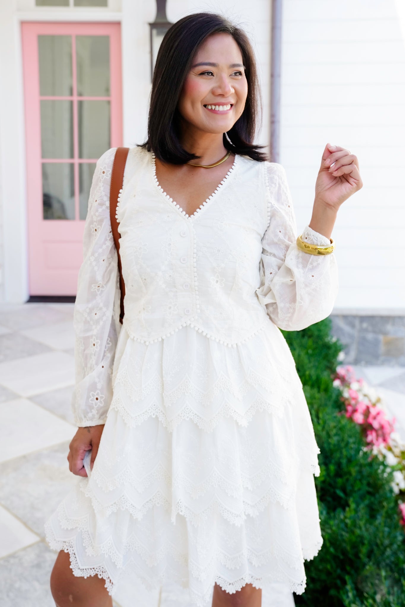 Embroidered Lace Long Sleeve Tiered Dress