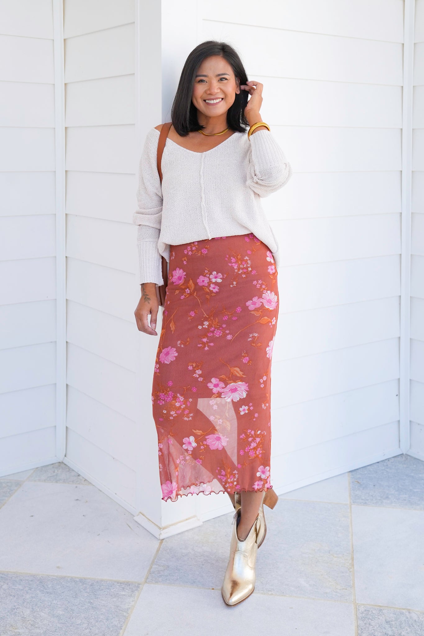Floral Mesh Elastic Waist Midi Skirt