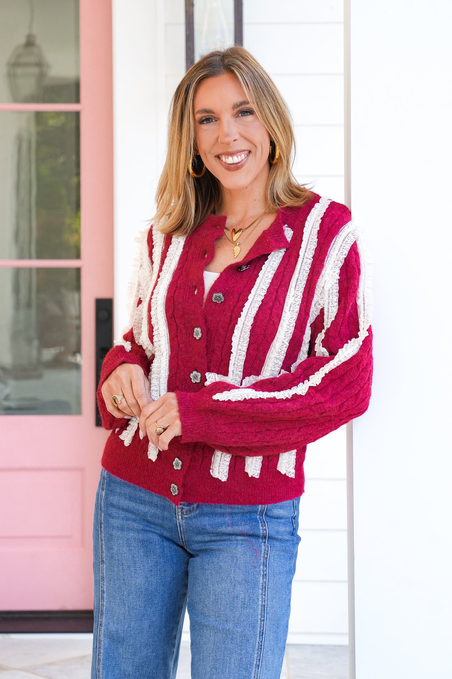 POL Round Neck Cardigan with Lace Trim