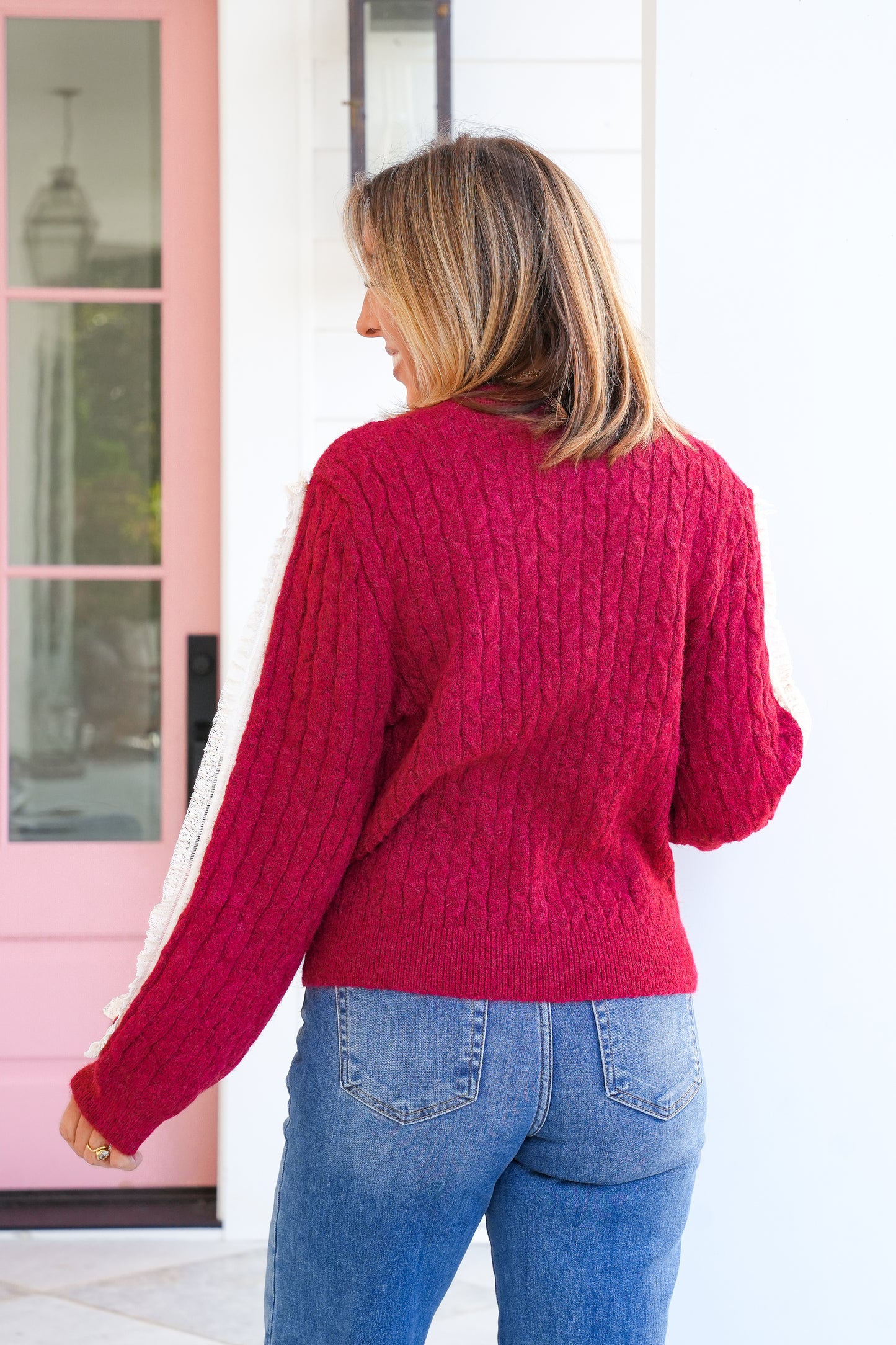 POL Round Neck Cardigan with Lace Trim