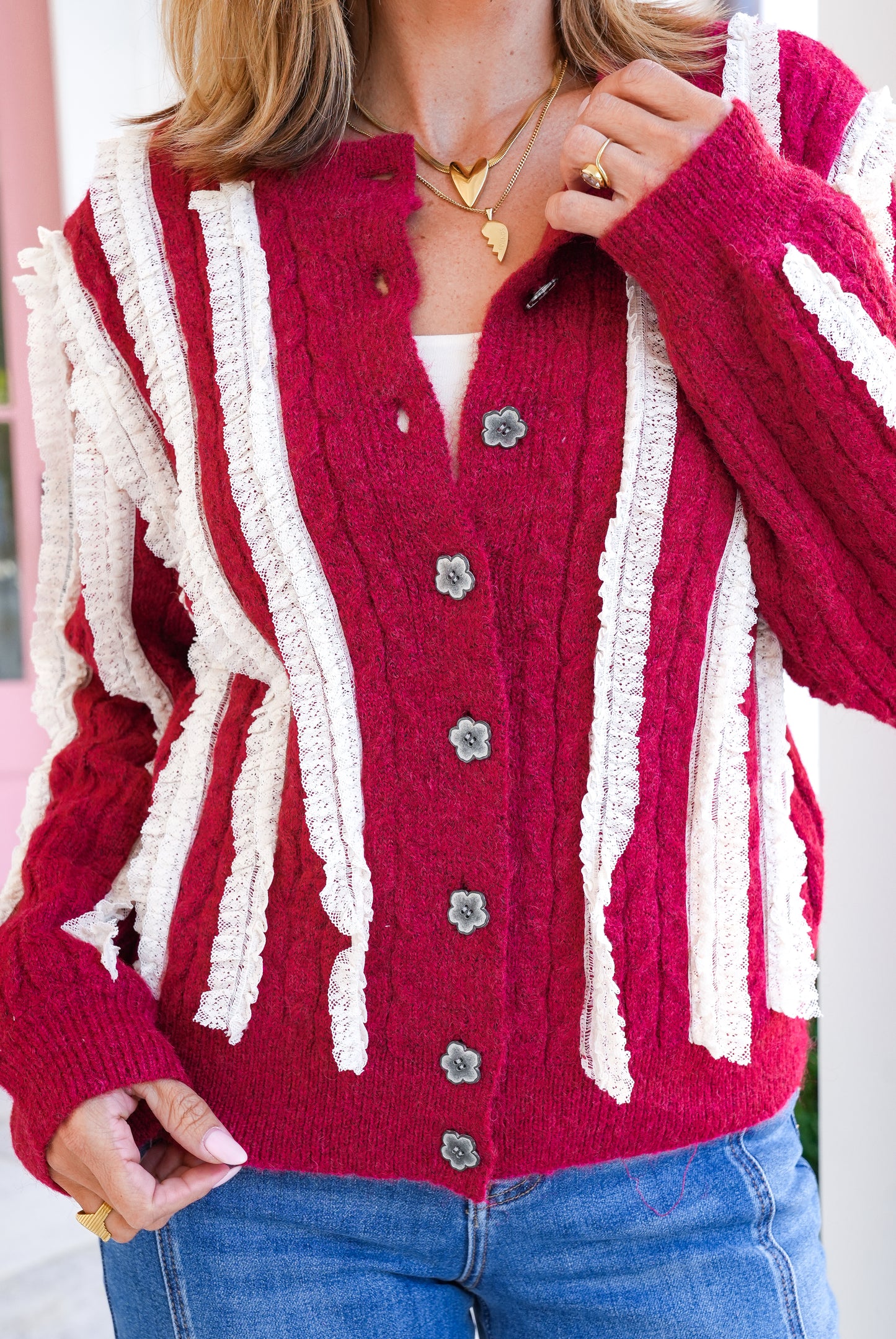 POL Round Neck Cardigan with Lace Trim