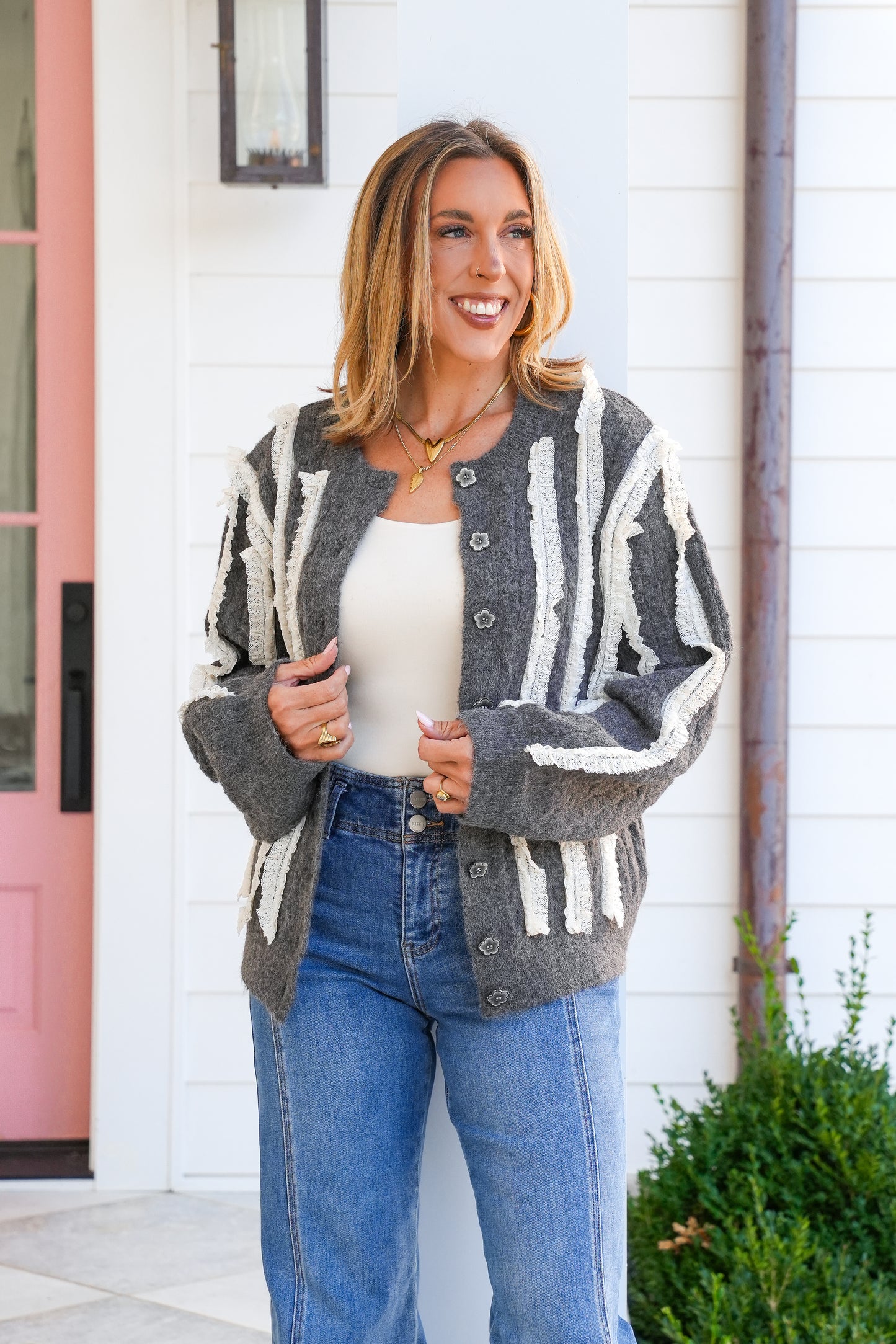 POL Round Neck Cardigan with Lace Trim