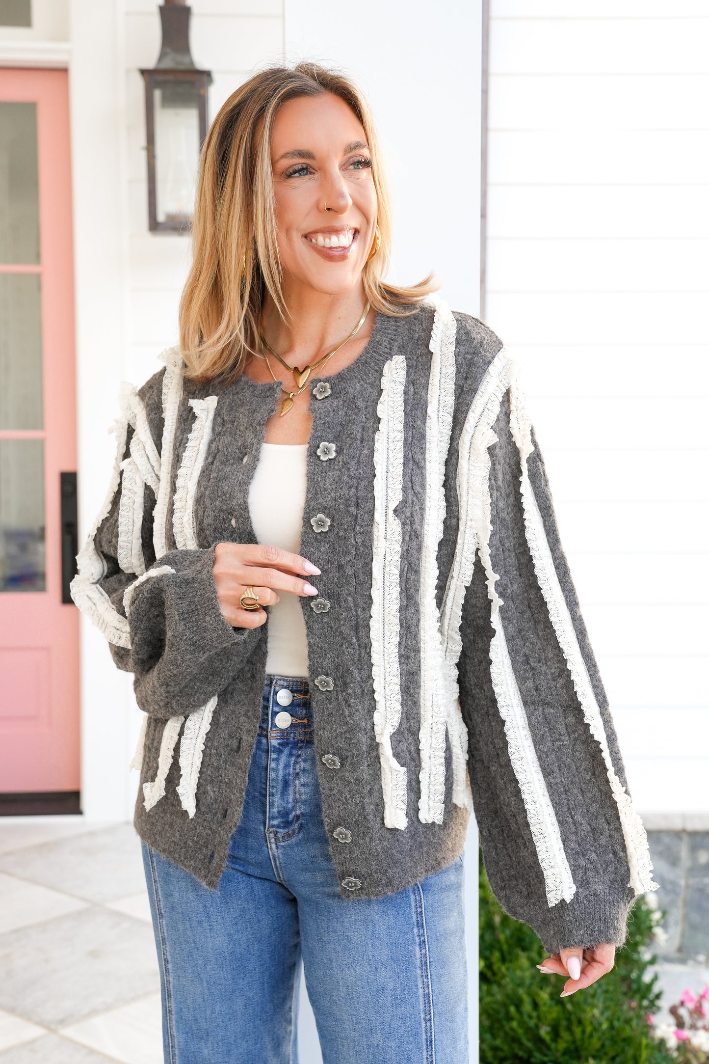 POL Round Neck Cardigan with Lace Trim