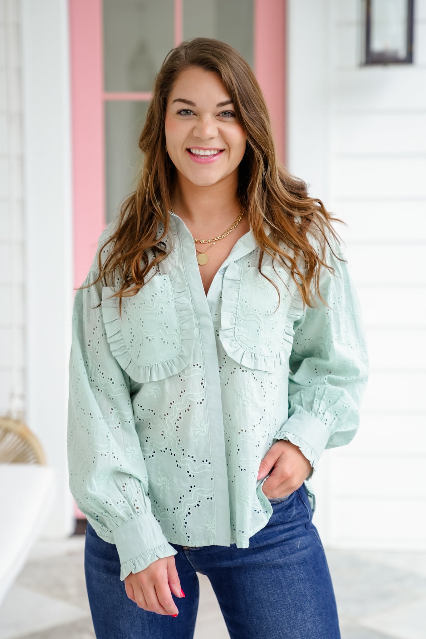 Eyelet Long Sleeve Button Down Top with Ruffle Detail