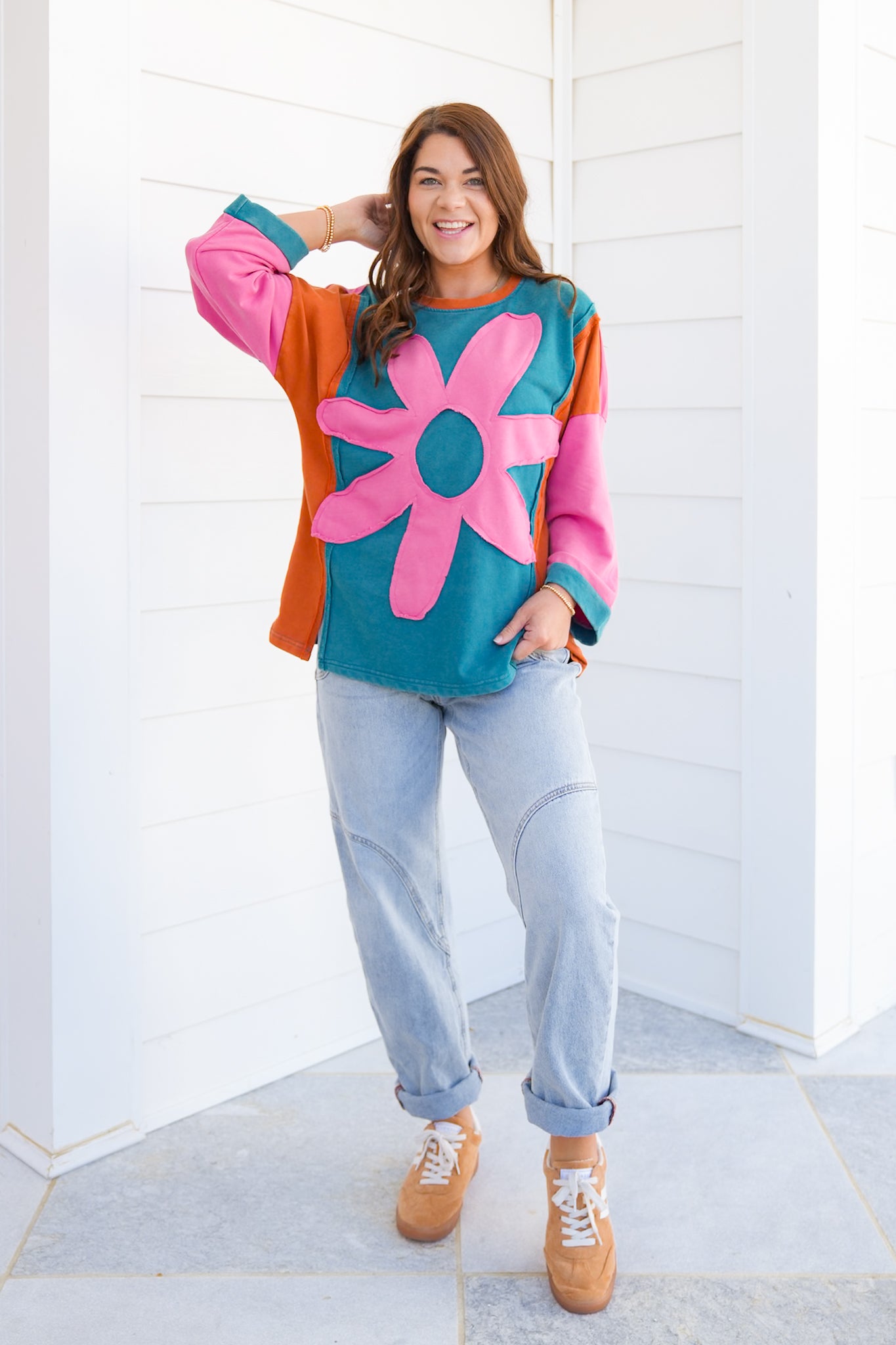 Color Block Flower Patch Long Sleeve Top