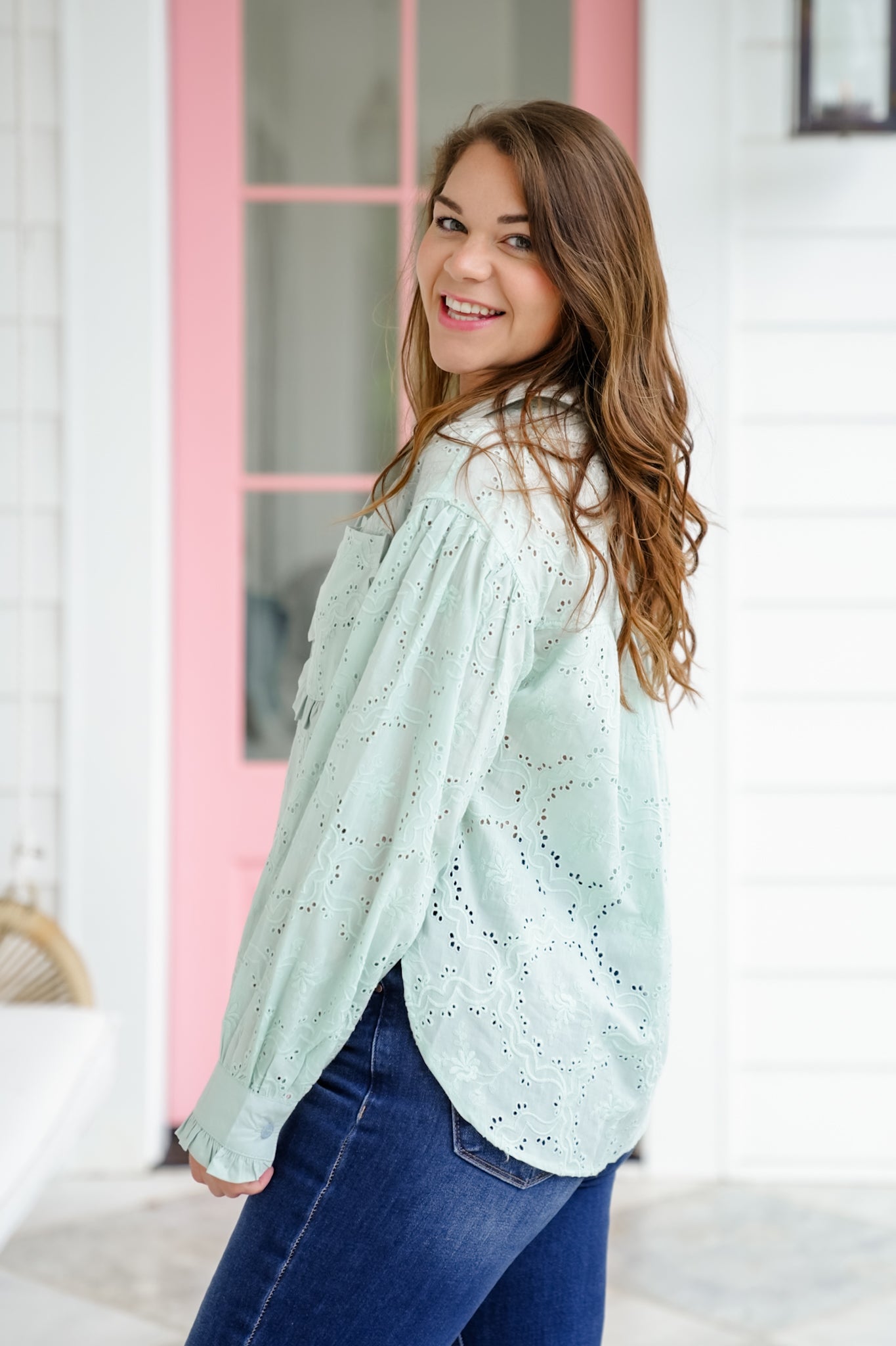 Eyelet Long Sleeve Button Down Top with Ruffle Detail