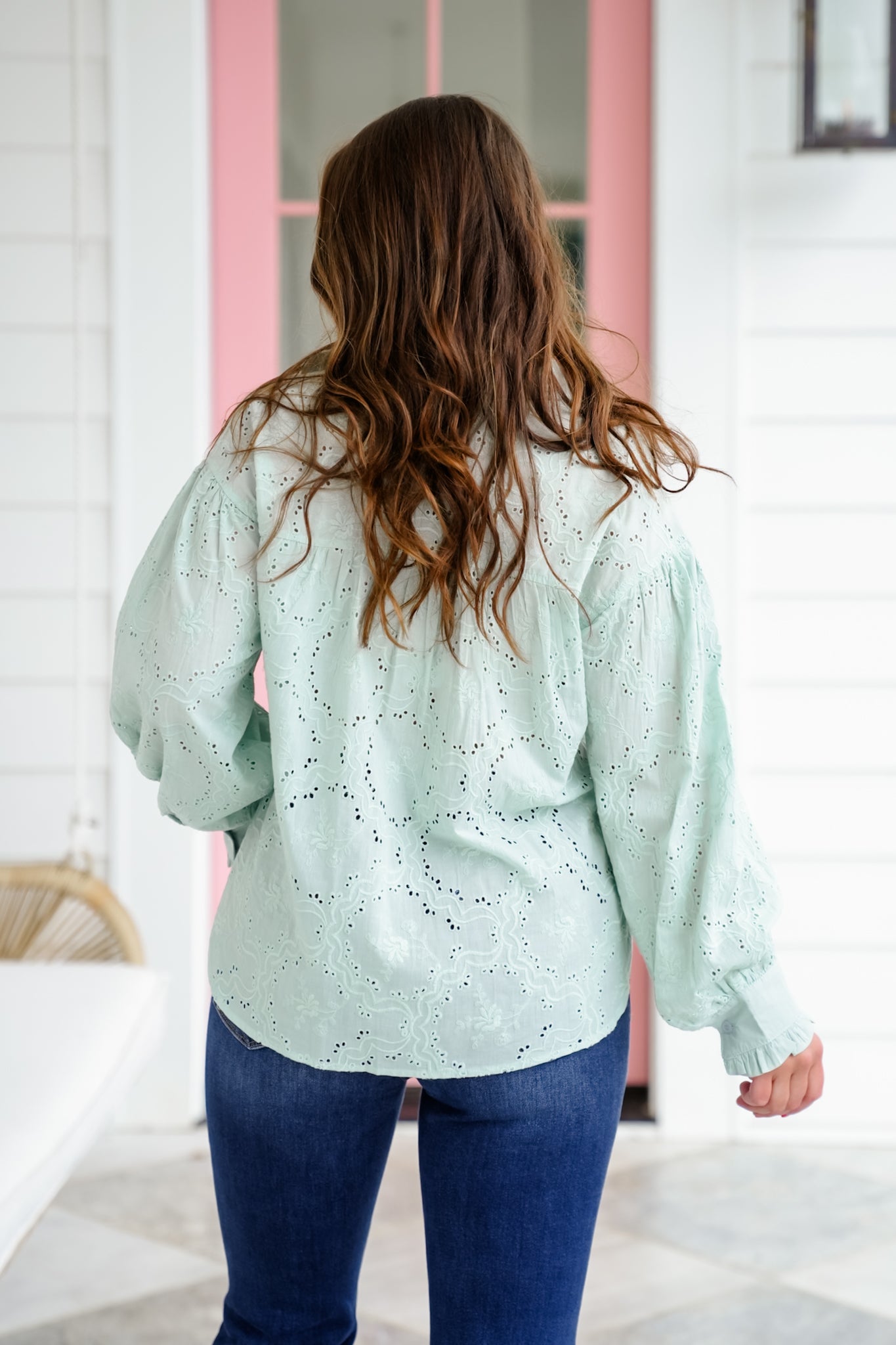 Eyelet Long Sleeve Button Down Top with Ruffle Detail
