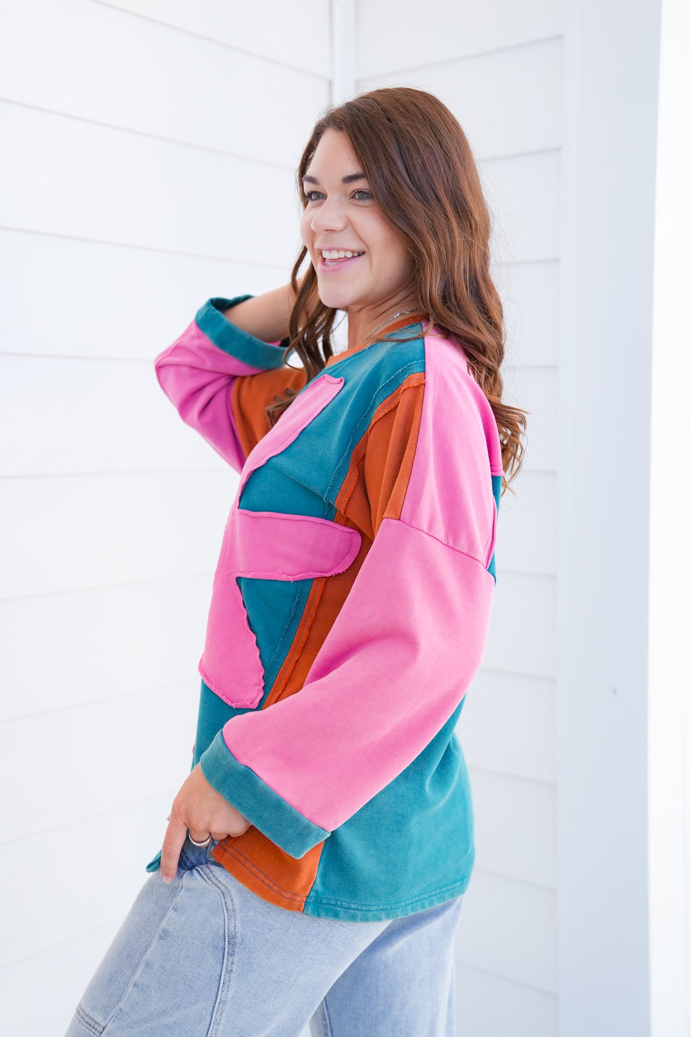 Color Block Flower Patch Long Sleeve Top