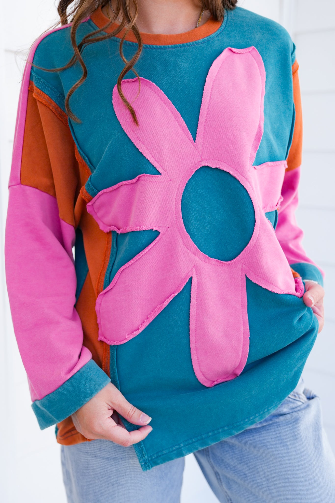 Color Block Flower Patch Long Sleeve Top