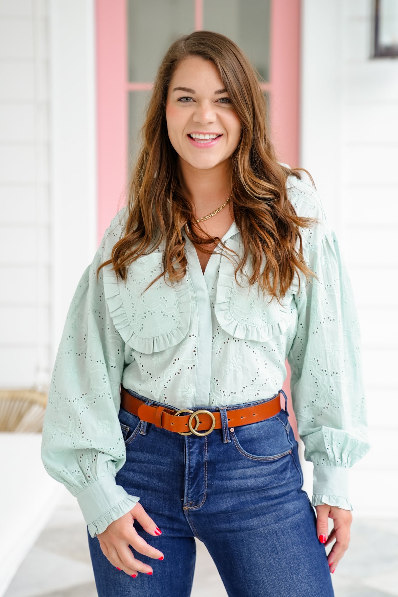 Eyelet Long Sleeve Button Down Top with Ruffle Detail